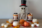 Bougie parfumée artisanale en verre ambré à la cire de coco – parfum muscade et cannelle, mèche en coton, édition classique ou Halloween décorée