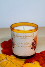Bougie parfumée artisanale en verre ambré à la cire de coco – parfum muscade et cannelle, mèche en coton, édition classique ou Halloween décorée